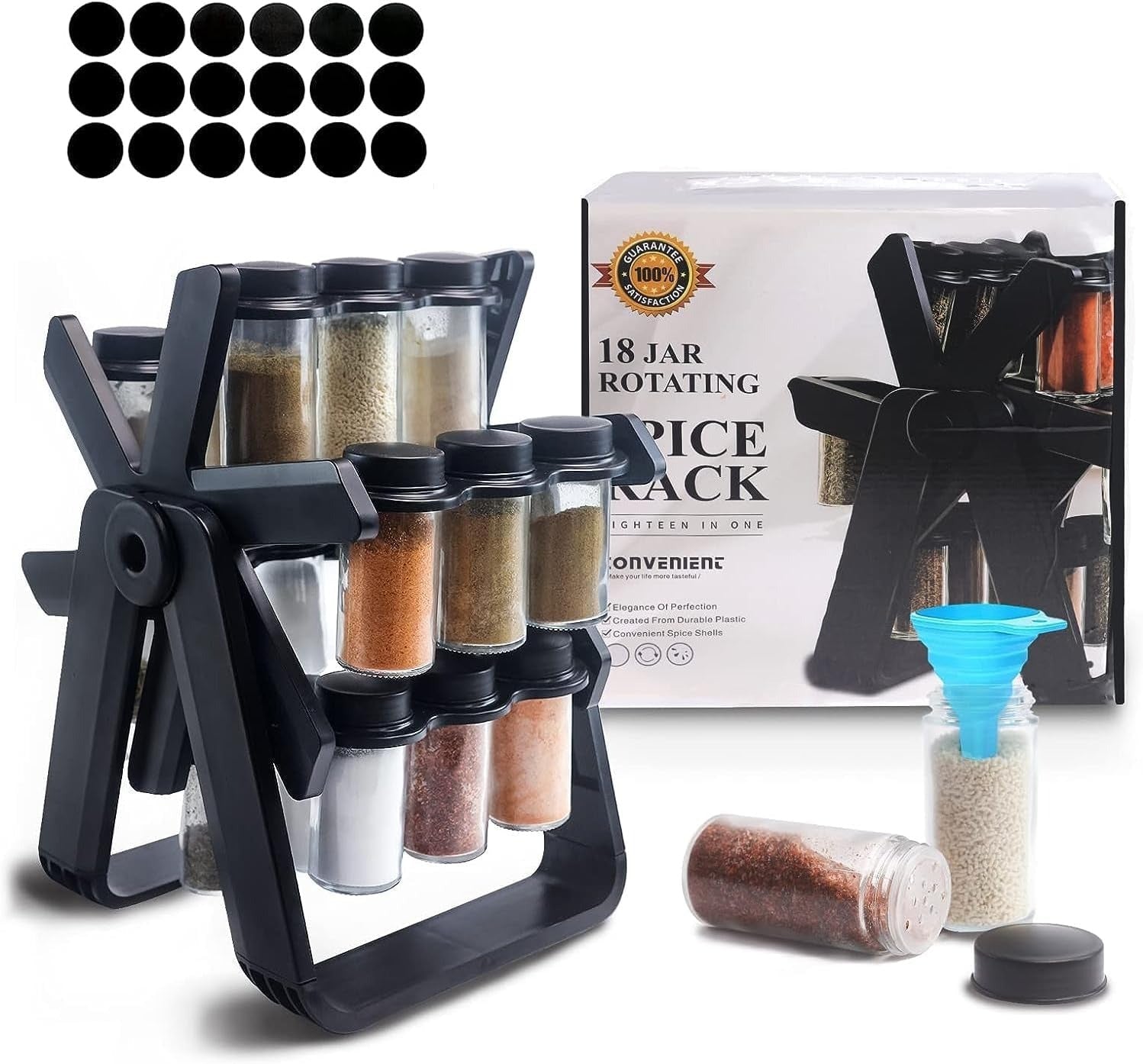 Ferris Wheel Spice Rack Organizer | 360° Rotating with 18 Glass Jars & Labels