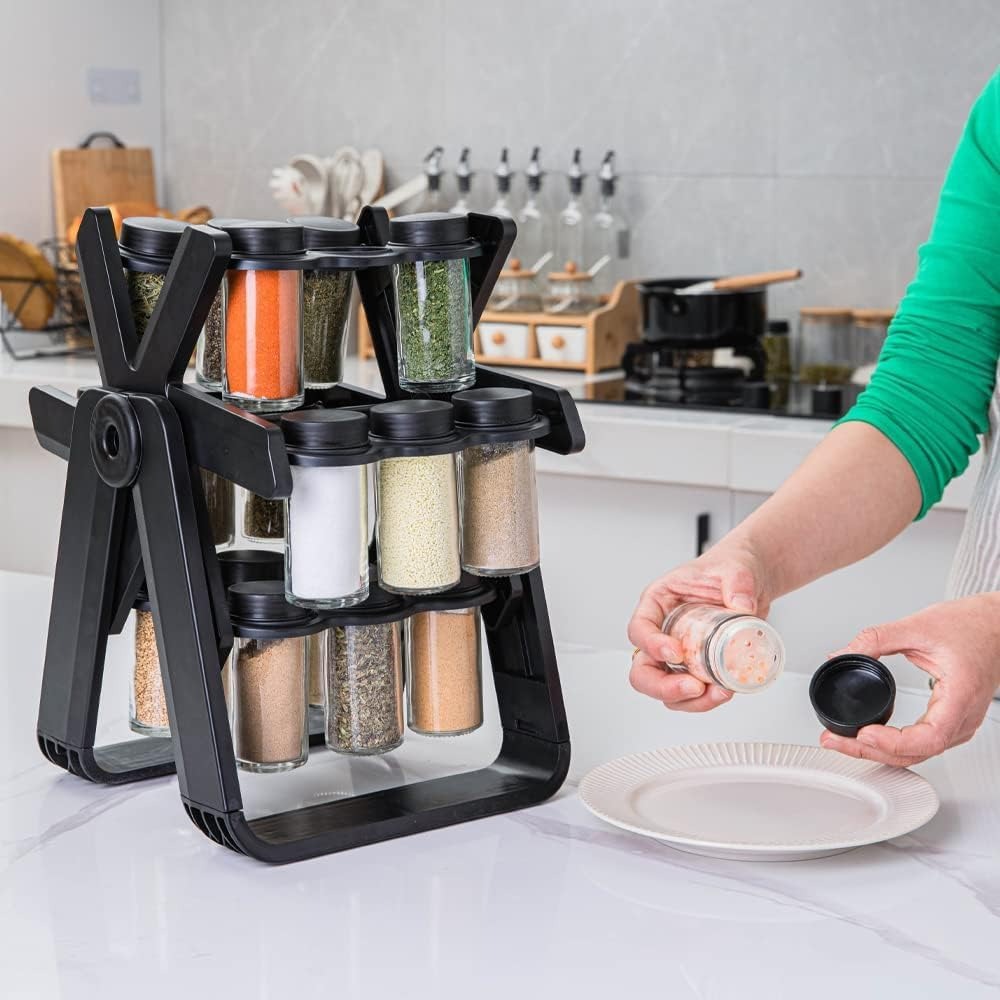 Ferris Wheel Spice Rack Organizer | 360° Rotating with 18 Glass Jars & Labels