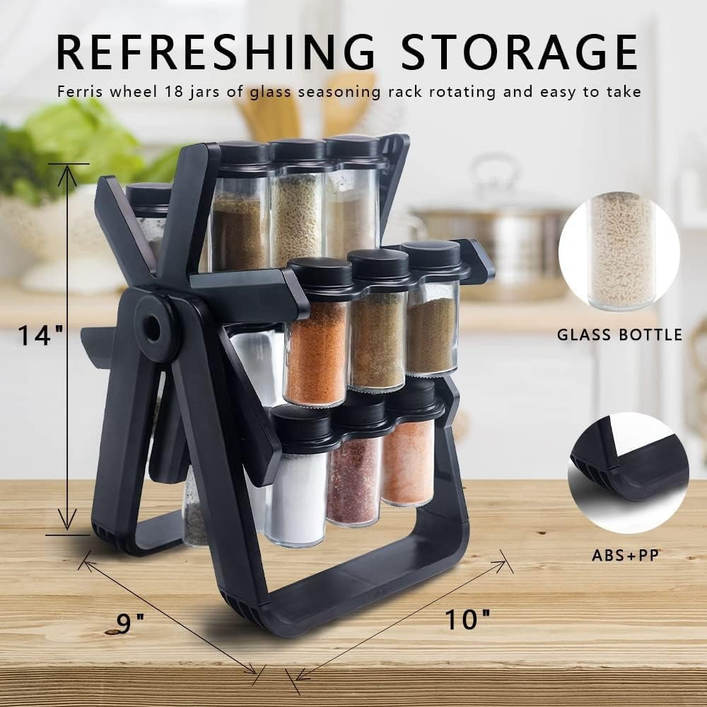 Ferris Wheel Spice Rack Organizer | 360° Rotating with 18 Glass Jars & Labels